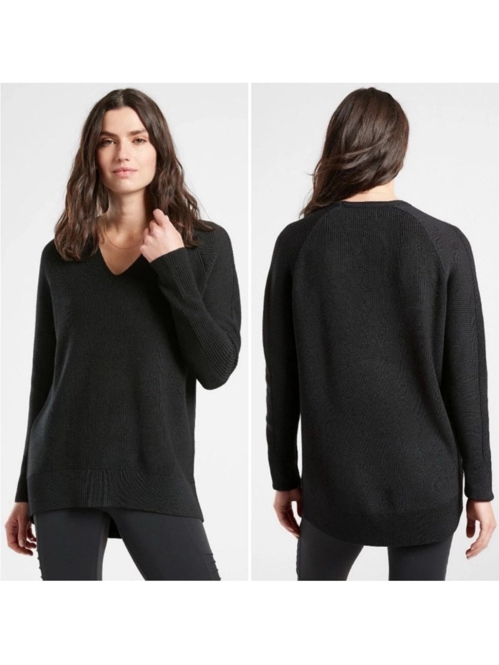 NWT Athleta Hanover Refined Black V-Neck Ribbed Merino Wool Pullover Sweater 2X